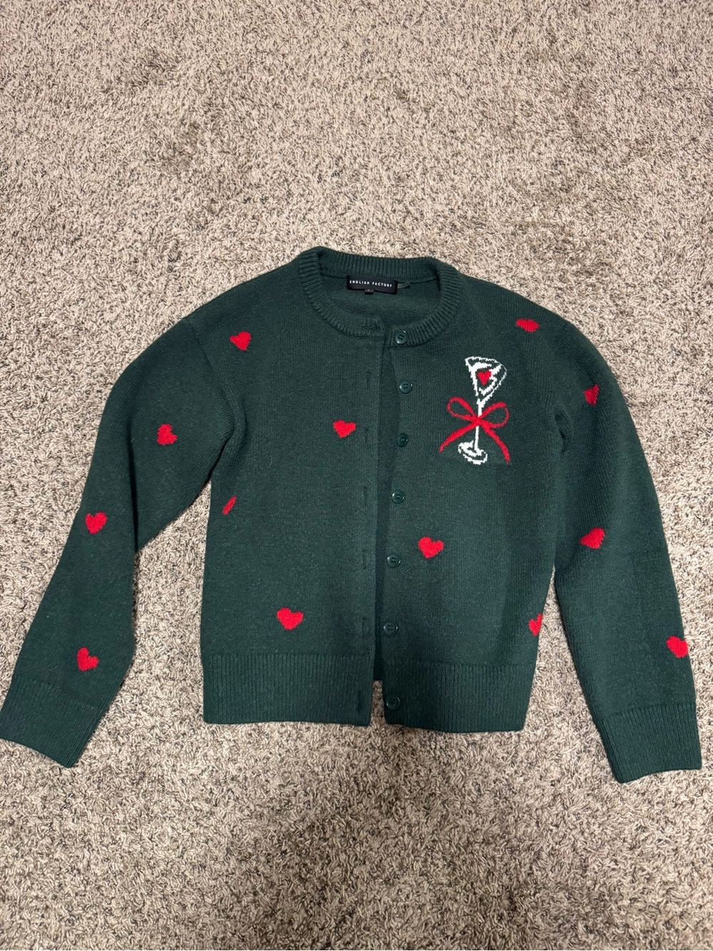 English Factory Dark Green Cardigan with Red Heart Accents
